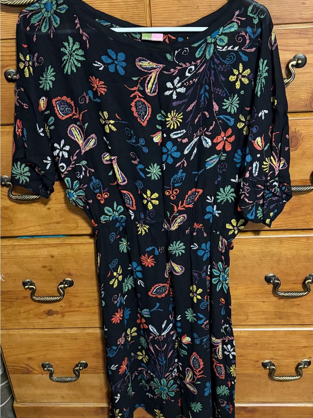 Black Floral Midi Dress with Multicolor Embroidery